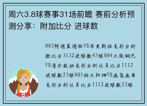 周六3.8球赛事31场前瞻 赛前分析预测分享：附加比分 进球数